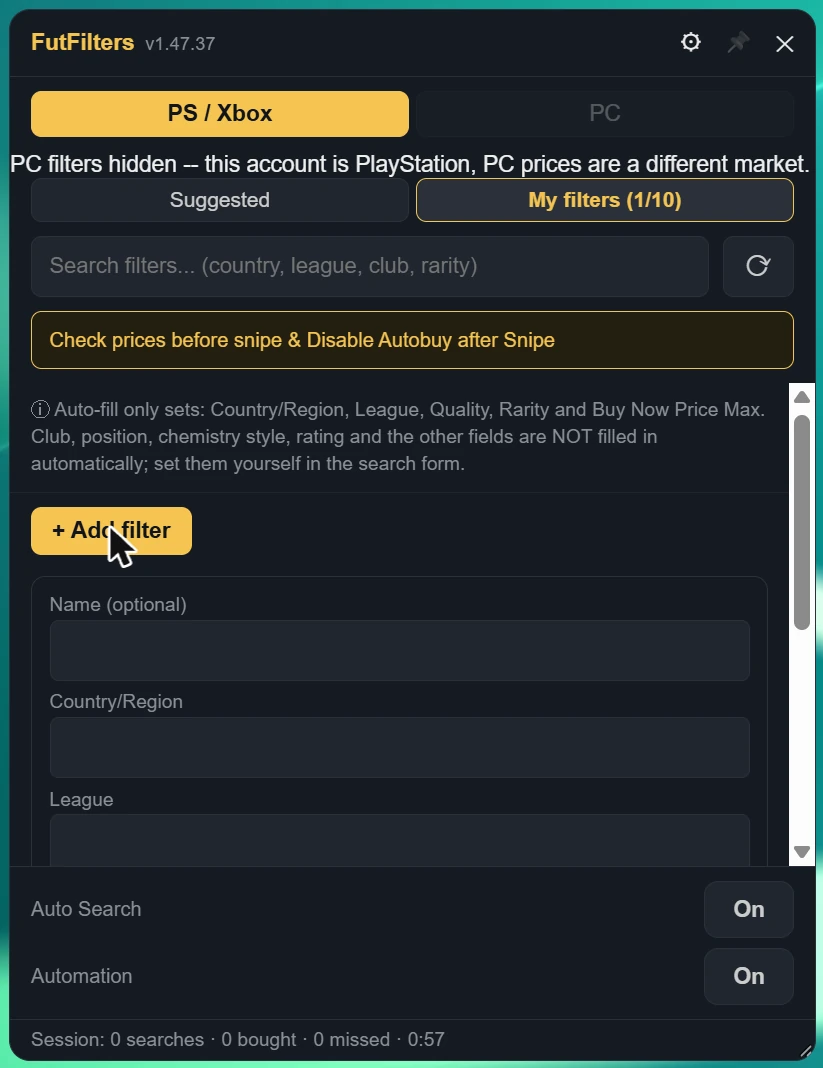 "+ Add filter" opens a small form.