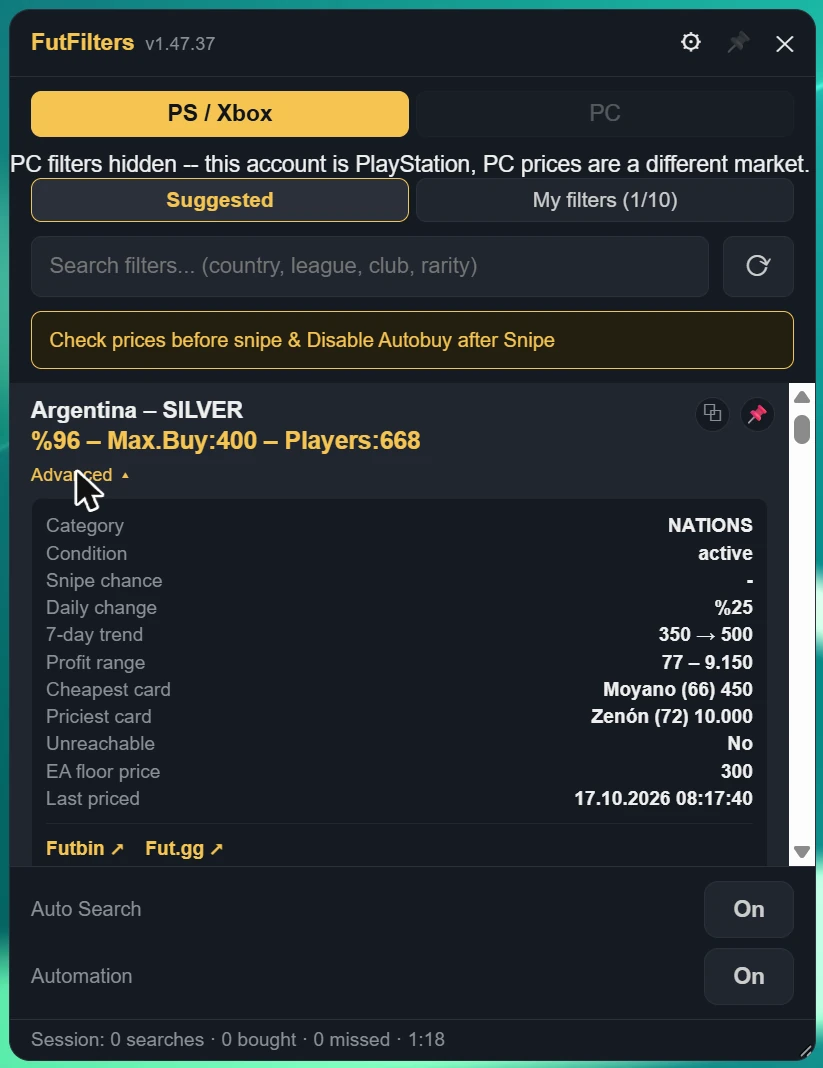 "Advanced" under a filter: category, condition, snipe chance, daily change, 7-day trend, profit range, cheapest and priciest card, EA floor price and when it was last priced.