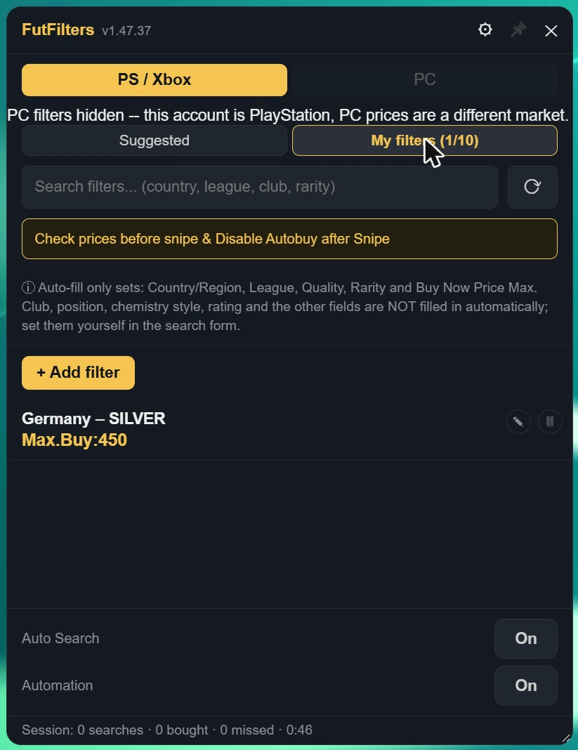 My filters tab: up to 10 filters of your own.