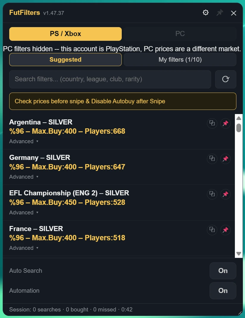 Suggested tab: each row is a filter with its snipe chance (%), Max Buy price and the number of players. The pin keeps a filter at the top, the copy icon adds it to My filters, the flask icon runs the Filter test, "Advanced" shows the details.