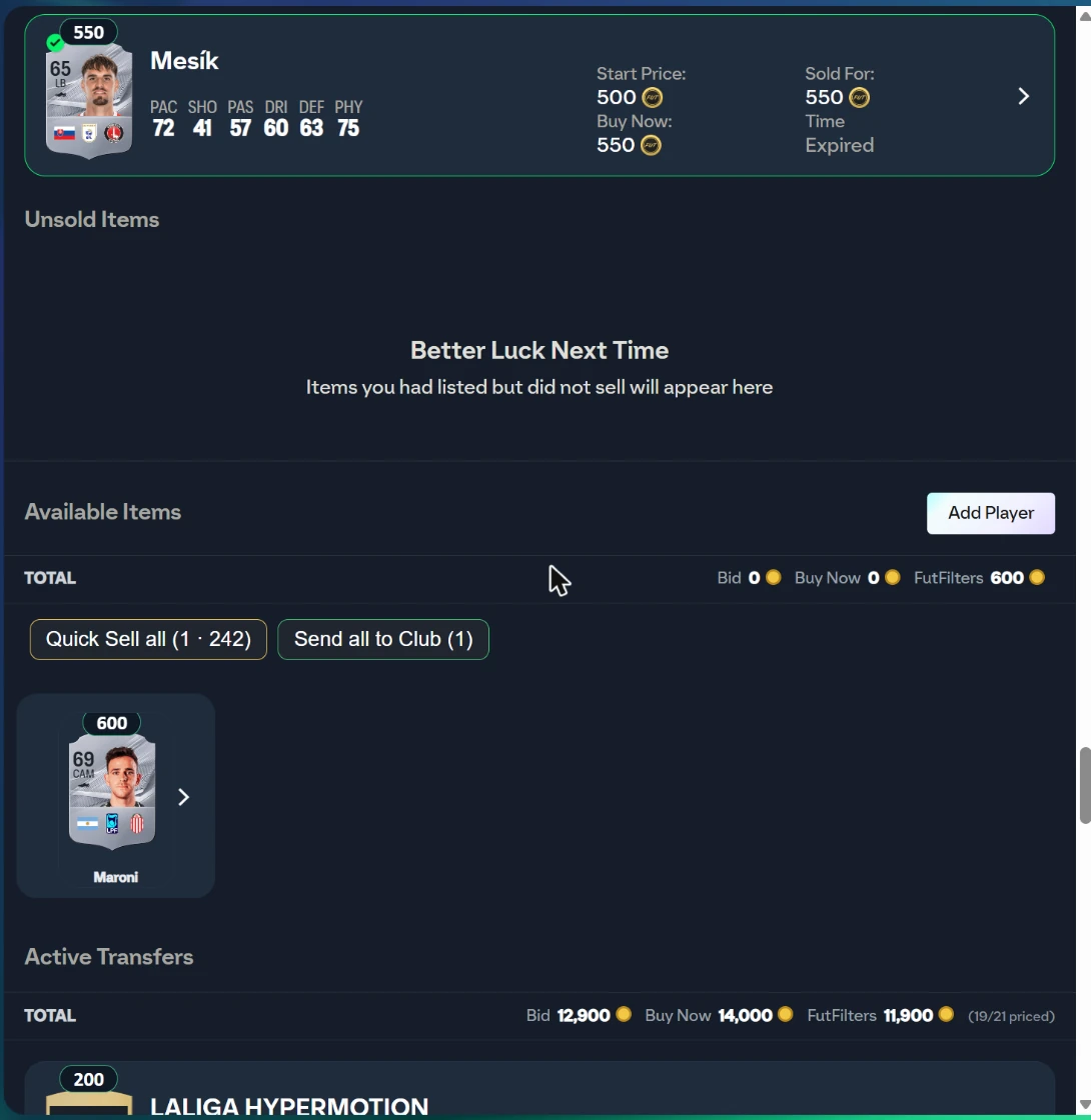 Unsold and Available items as a compact grid, with Quick Sell all / Send all to Club buttons next to the section title.