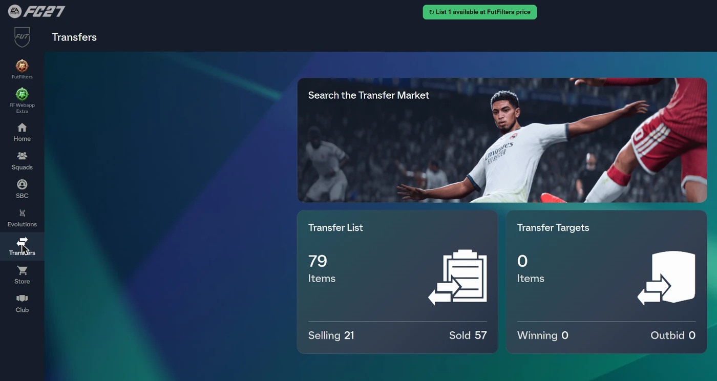 On the Transfers page a green button appears at the top when you have unsold or available players: "List N available at FutFilters price".